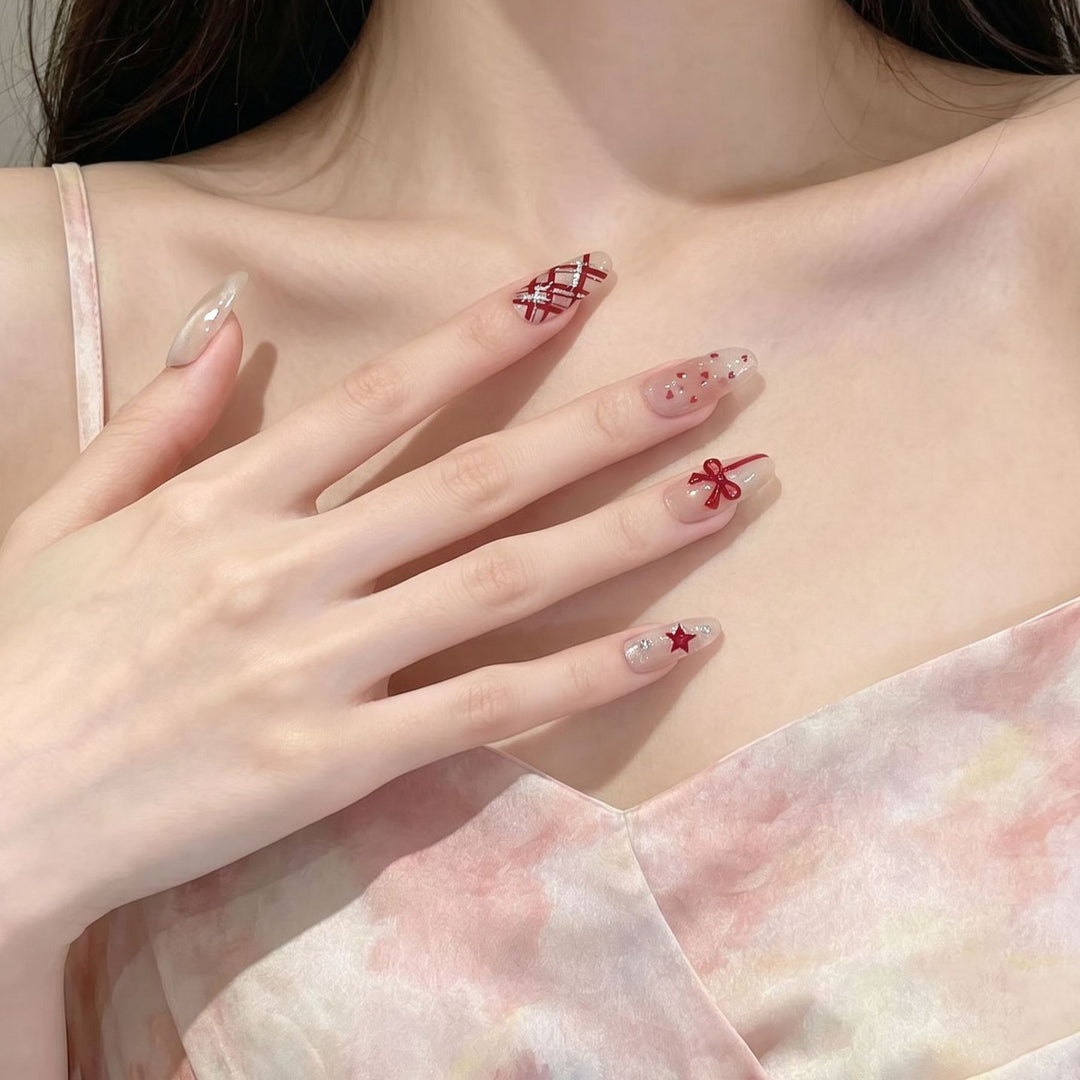 Romantic Themed Press-On Nail Set with Heart and Bow Accents Stornfield