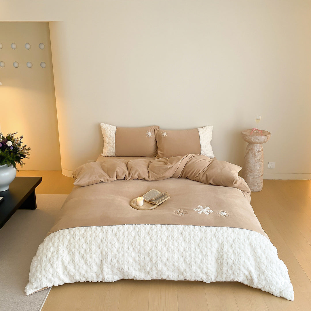 Snowflake-Embroidered Cotton-Sateen Duvet Cover Set with Sherpa Border & Envelope Shams