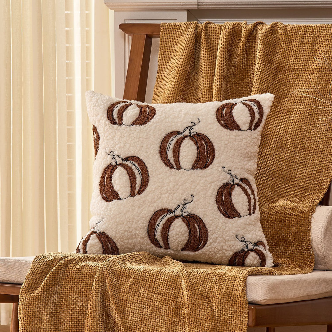 Plush Sherpa Embroidered Pumpkin Throw Pillow