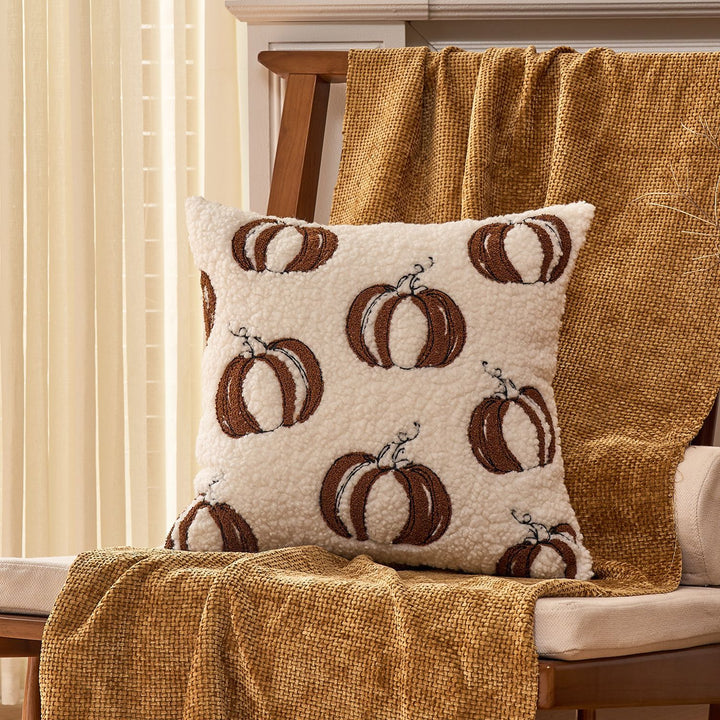 Plush Sherpa Embroidered Pumpkin Throw Pillow