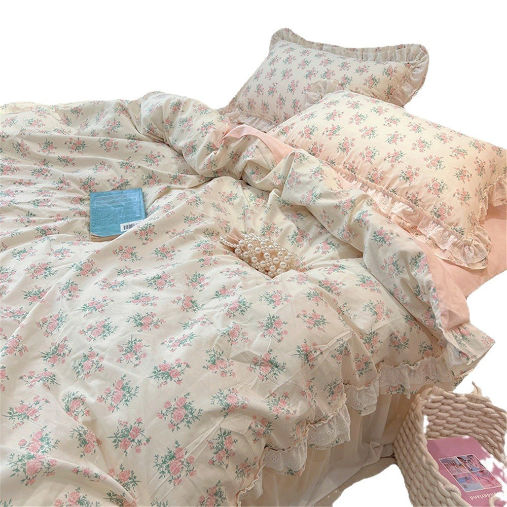 Ruffled Floral Lace-Trim Duvet Cover Set with Pillow Shams
