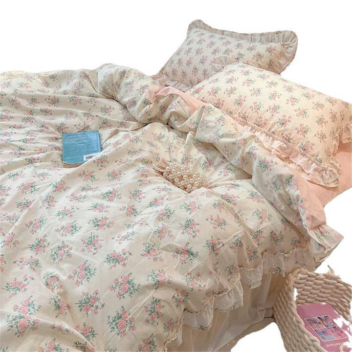 Ruffled Floral Lace-Trim Duvet Cover Set with Pillow Shams