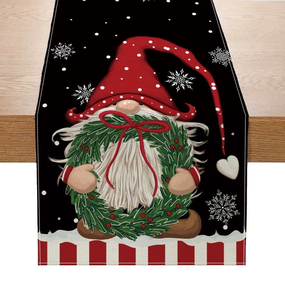 Buffalo-Edge Cotton-Linen Christmas Table Runner with Merry Christmas Tree Art