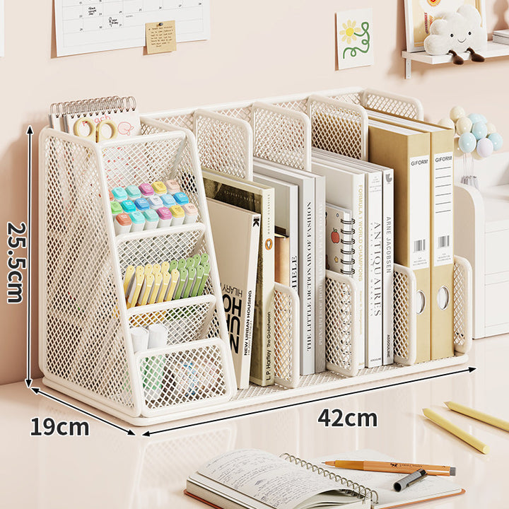 Mesh Desktop Organizer with Multi-Compartment Book Binder and Pen Rack