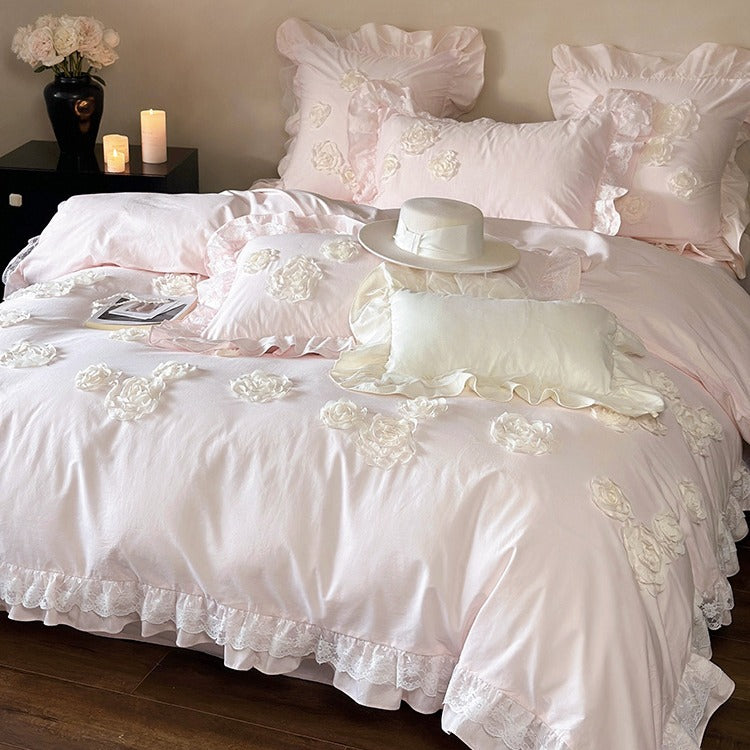 Romantic Ruffled Rose-Applique Cotton Sateen Duvet Cover Set with Lace-Trim Pillow Shams