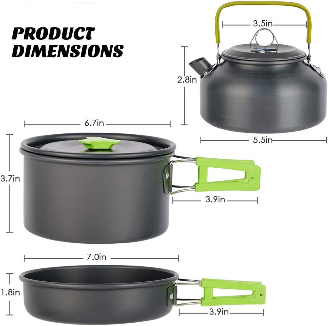 lightweight non-stick camping cookware set with folding handles kettle pot pan utensils and mesh carry bag Stornfield