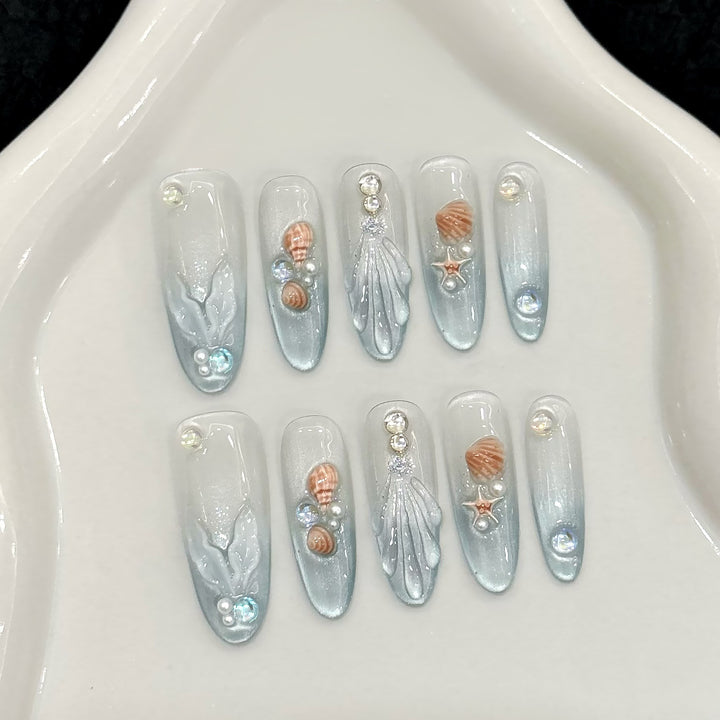 Decorative Sea-Inspired Press-On Nail Art