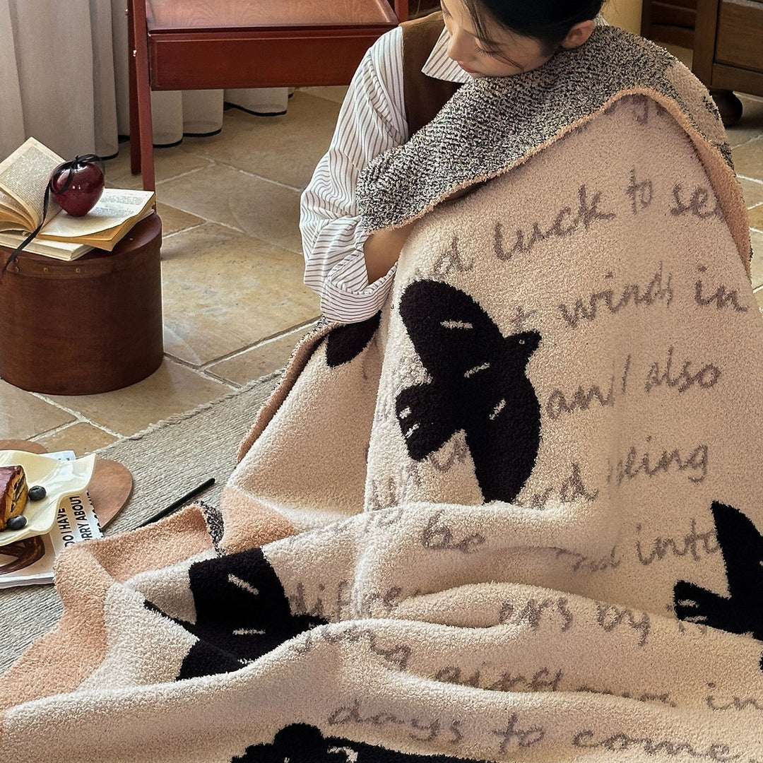 Plush Jacquard Throw Blanket with Playful Cat and Chair Motif