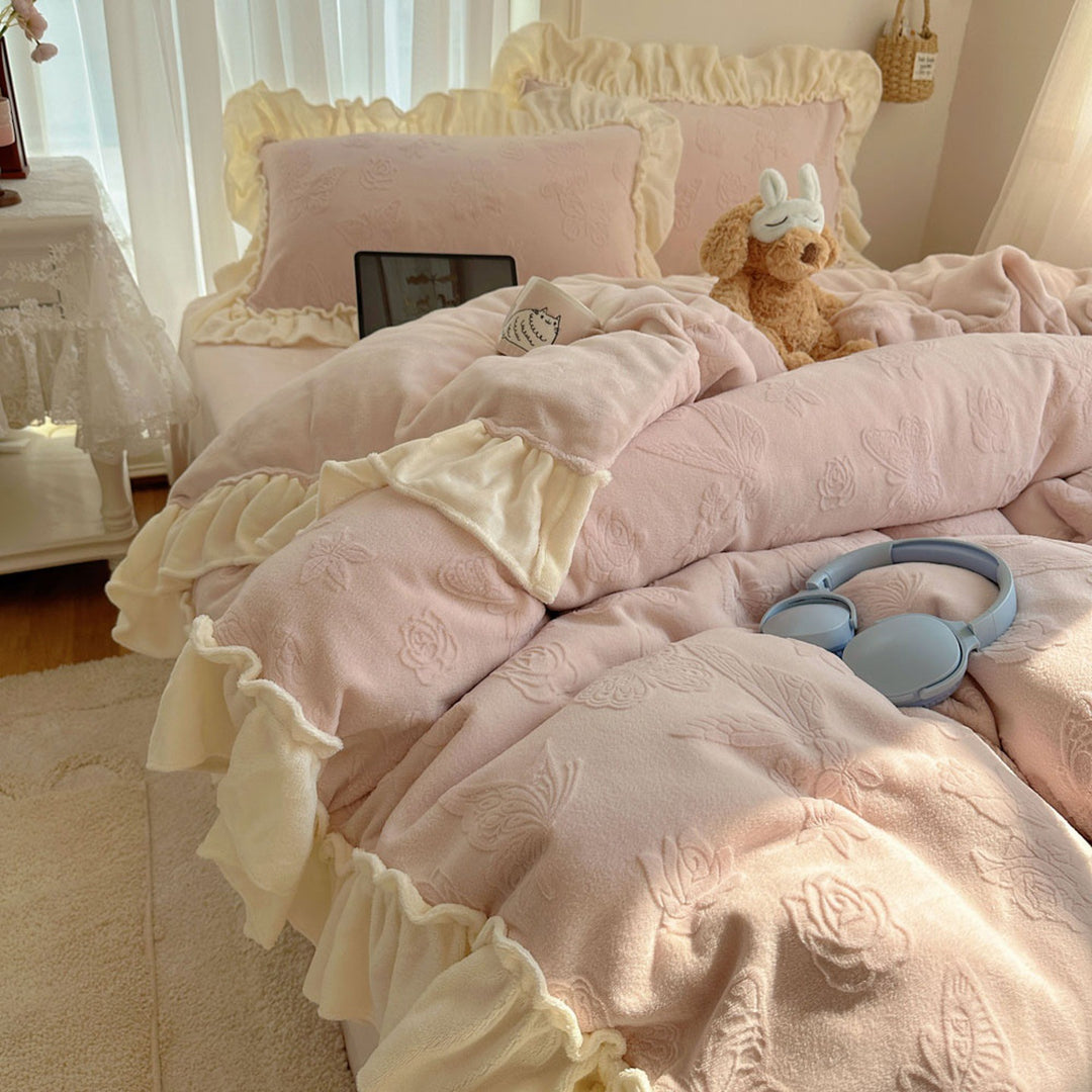 Plush Embroidered Butterfly Microfleece Reversible Comforter with Ruffle Trim