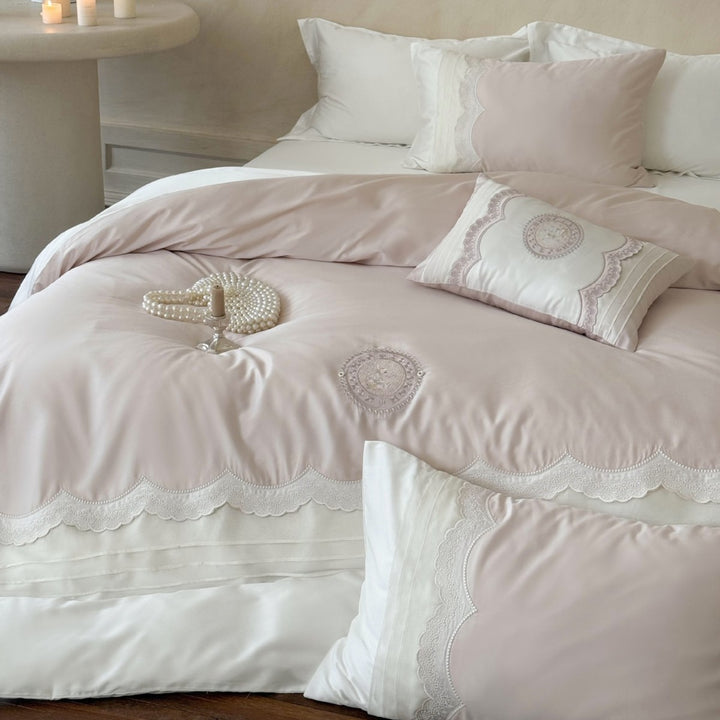 Scalloped Lace-Trimmed Sateen Duvet Cover Set with Embroidered Medallion & Decorative Pillow Shams