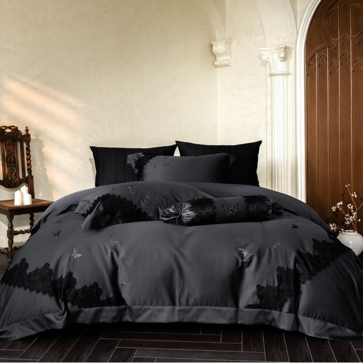 Butterfly Embroidered Lace-Trim Sateen Duvet Cover Set with Bolster Pillow