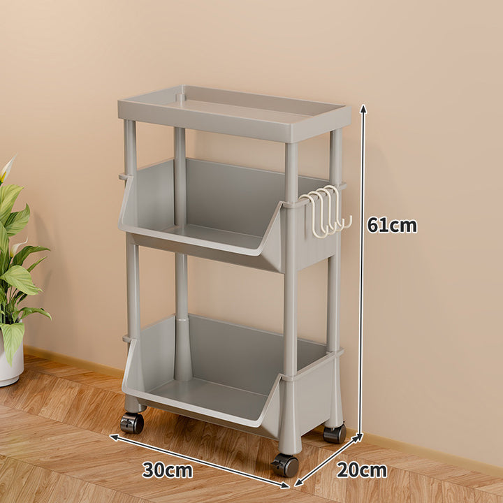 Compact Two-Tier Rolling Storage Cart with Detachable Hooks and Deep Lower Bin