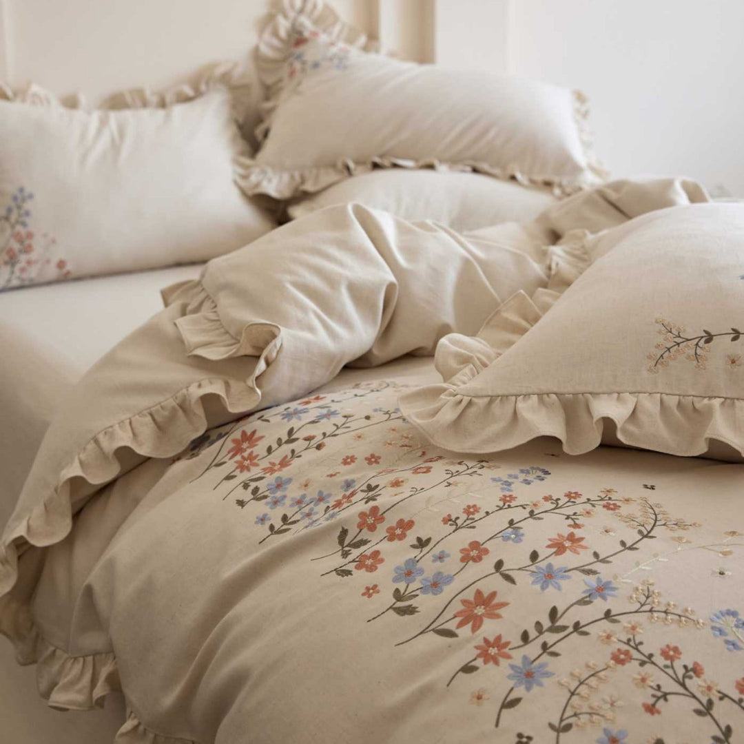 Floral Embroidered Ruffled Duvet Cover Set with Frilled Edge and Pillow Shams