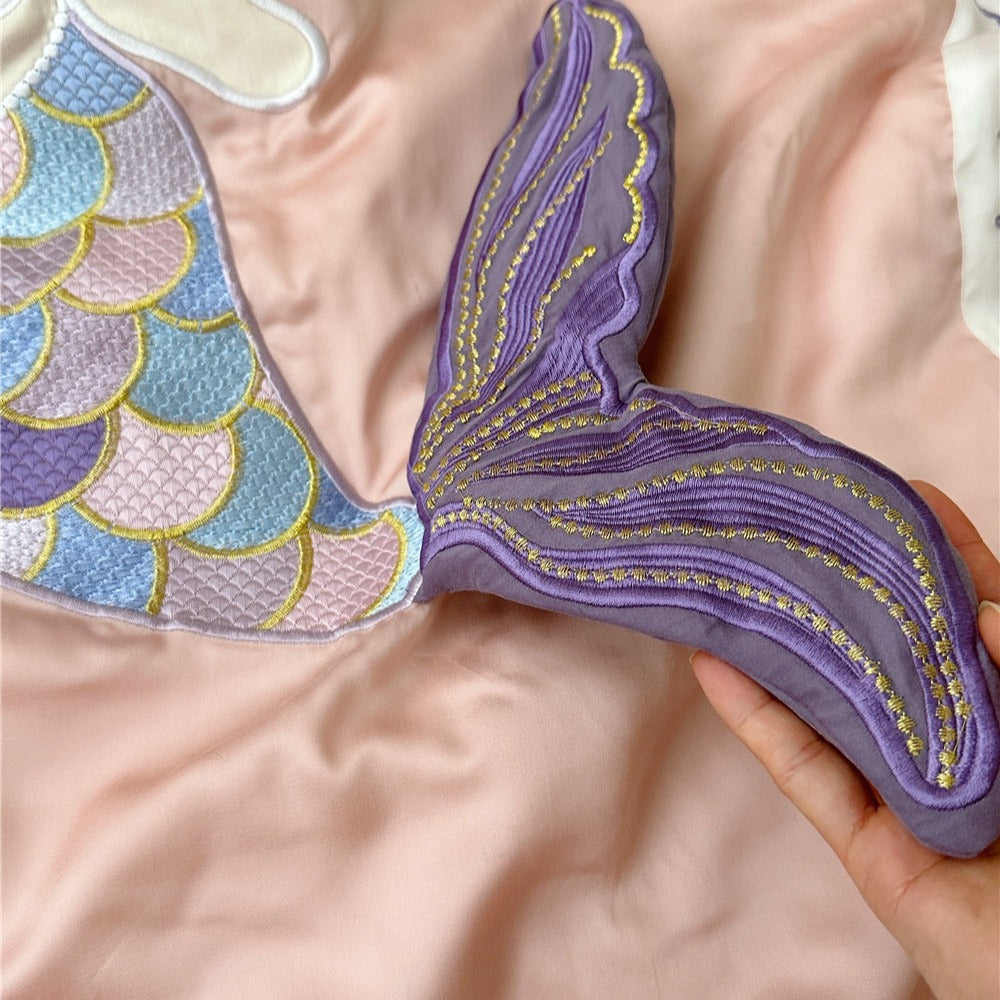 Kids Mermaid Appliqué Embroidered Duvet Cover and Pillowcase Set