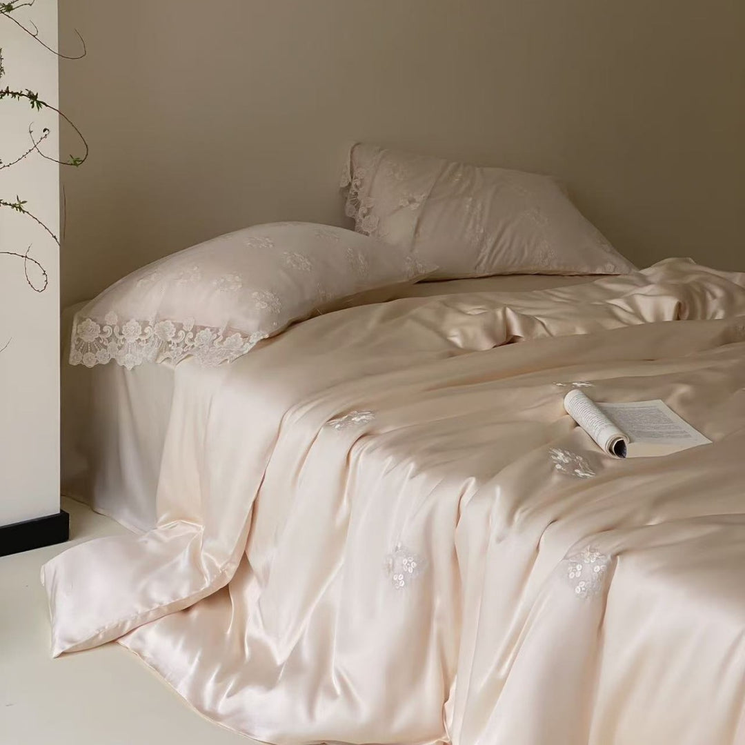 Embroidered Satin Duvet Cover Set with Lace-Trim Pillowcases