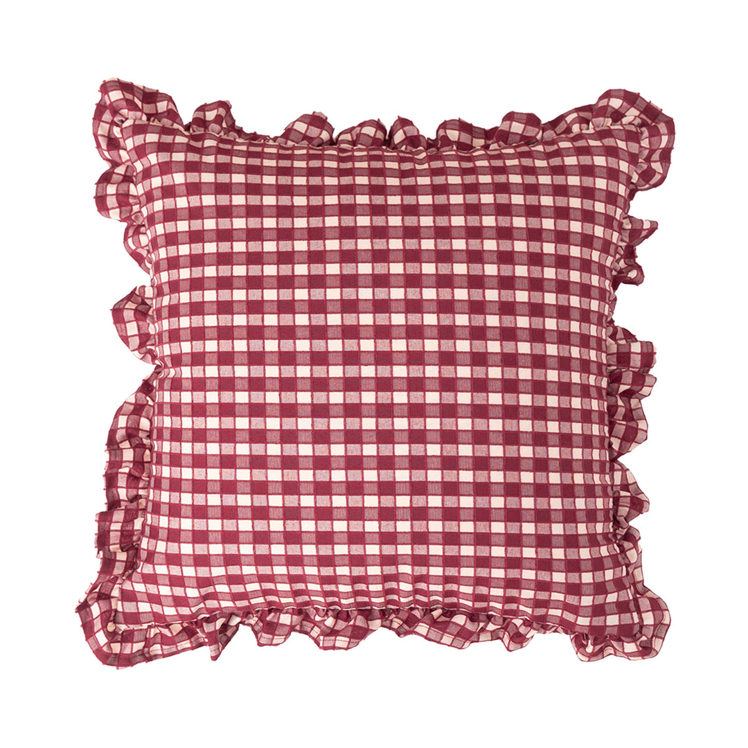 Decorative cushion with gingham pattern and playful ruffled edge