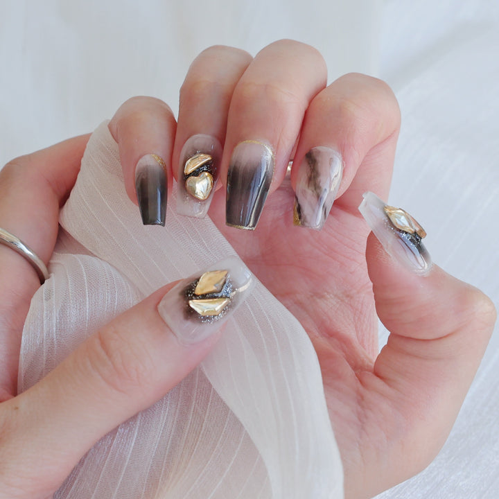 Artistic Press-On Nail Art Set with Heart and Celestial Designs