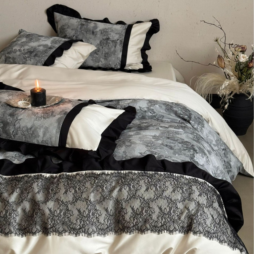 Elegant Satin-Blend Duvet Cover Set with Ruffle Trim, Lace Appliqué Band & Reversible Botanical Print Pillow Shams