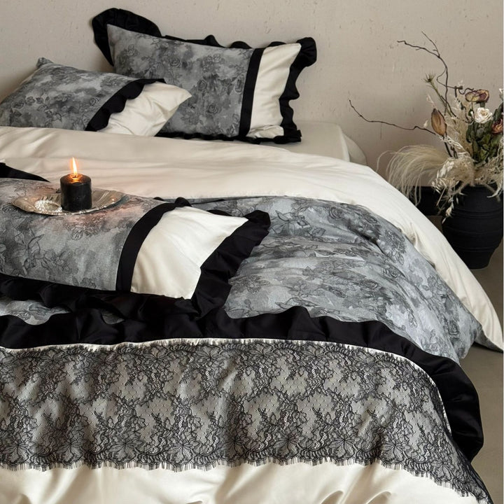 Elegant Satin-Blend Duvet Cover Set with Ruffle Trim, Lace Appliqué Band & Reversible Botanical Print Pillow Shams