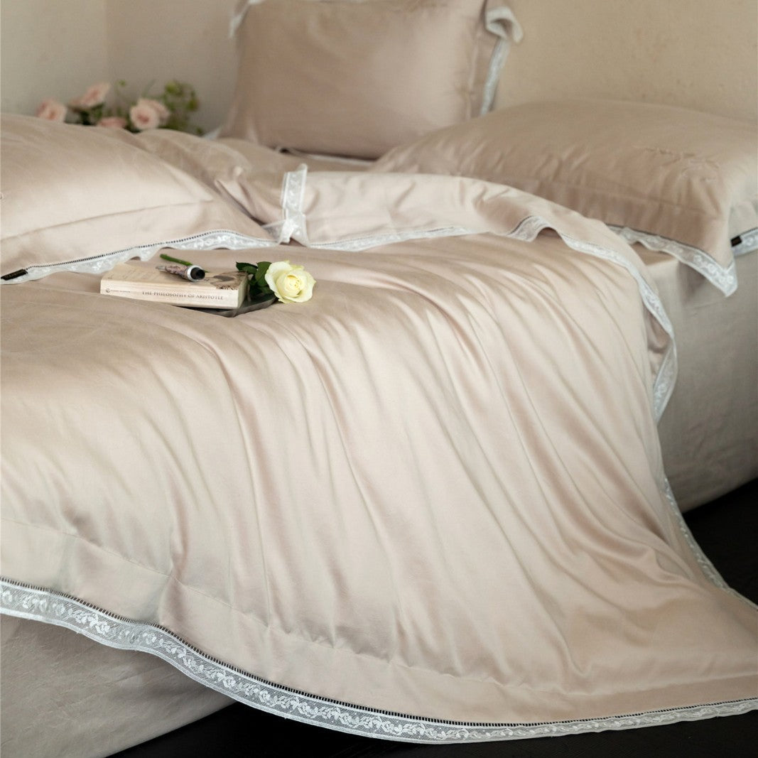 Luxury Cotton Sateen Duvet Cover Set with Embroidered Lace Hem
