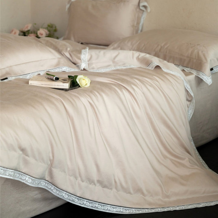 Luxury Cotton Sateen Duvet Cover Set with Embroidered Lace Hem