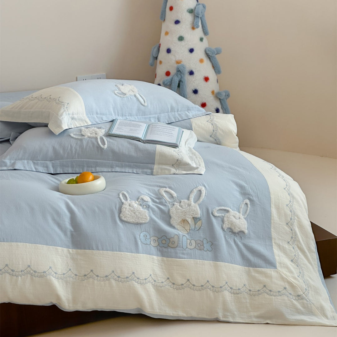 Reversible Cotton-Linen Appliqué Bunny Duvet Cover Set with Embroidered Scalloped Border