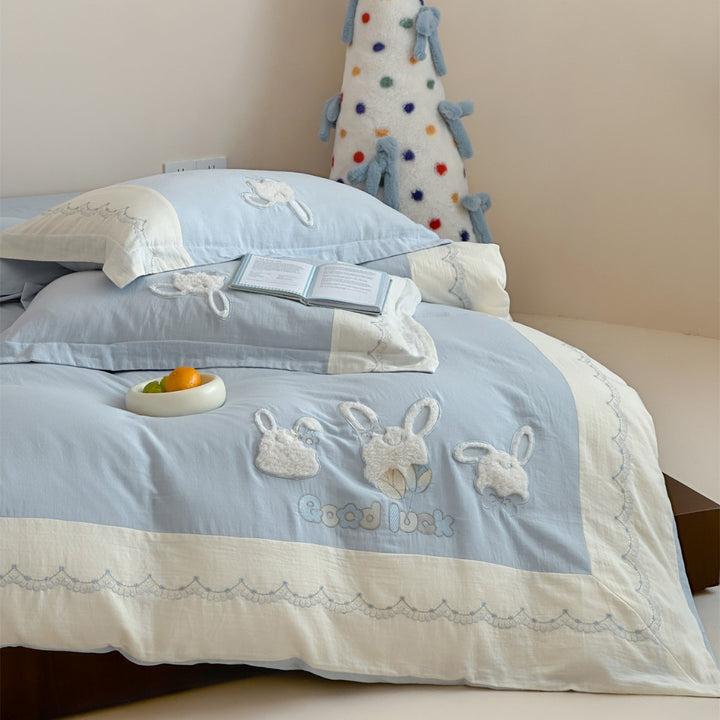 Reversible Cotton-Linen Appliqué Bunny Duvet Cover Set with Embroidered Scalloped Border