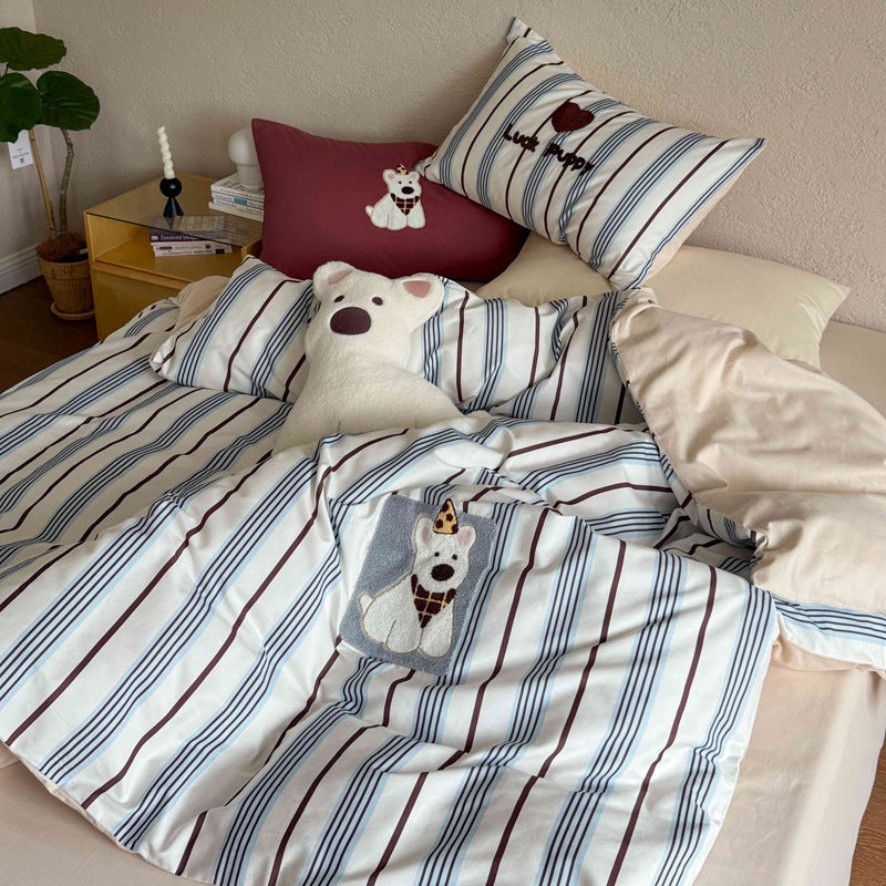 Striped Duvet Cover Set with Embroidered Puppy Appliqué and Matching Pillowcases