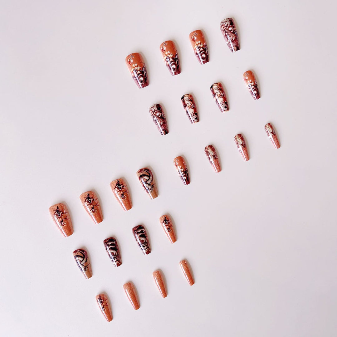 Elegant artificial nail set with 3D dragon designs and gold accents Stornfield
