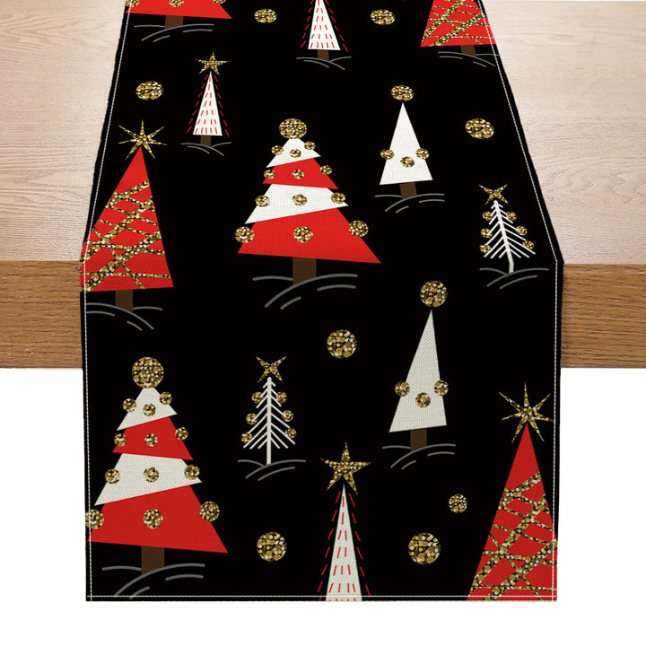 Buffalo-Edge Cotton-Linen Christmas Table Runner with Merry Christmas Tree Art