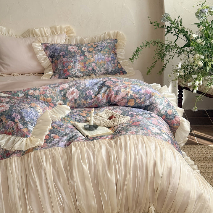 Floral Ruffled Satin-Trim Duvet Cover Set with Pleated Bed Skirt and Pillow Shams
