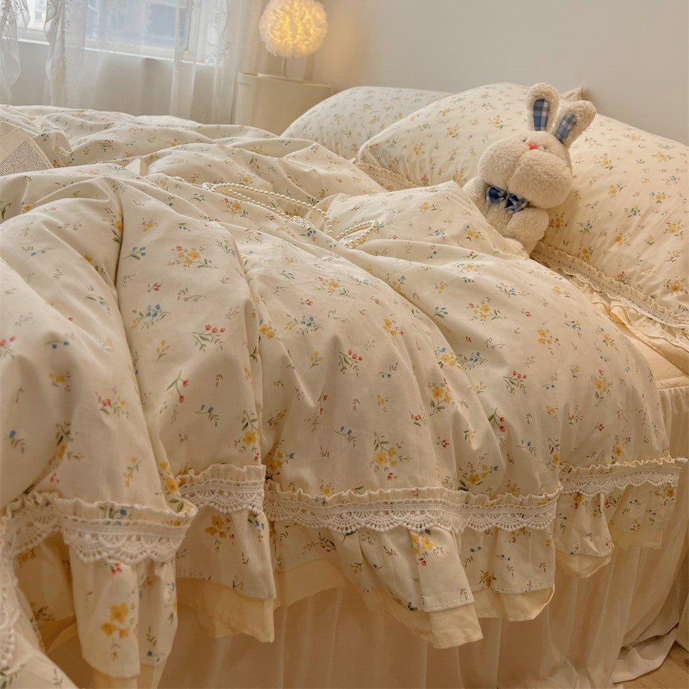 Ruffled Floral Lace-Trim Duvet Cover Set with Pillow Shams