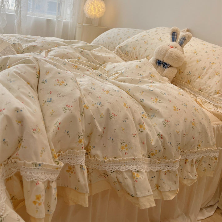 Ruffled Floral Lace-Trim Duvet Cover Set with Pillow Shams