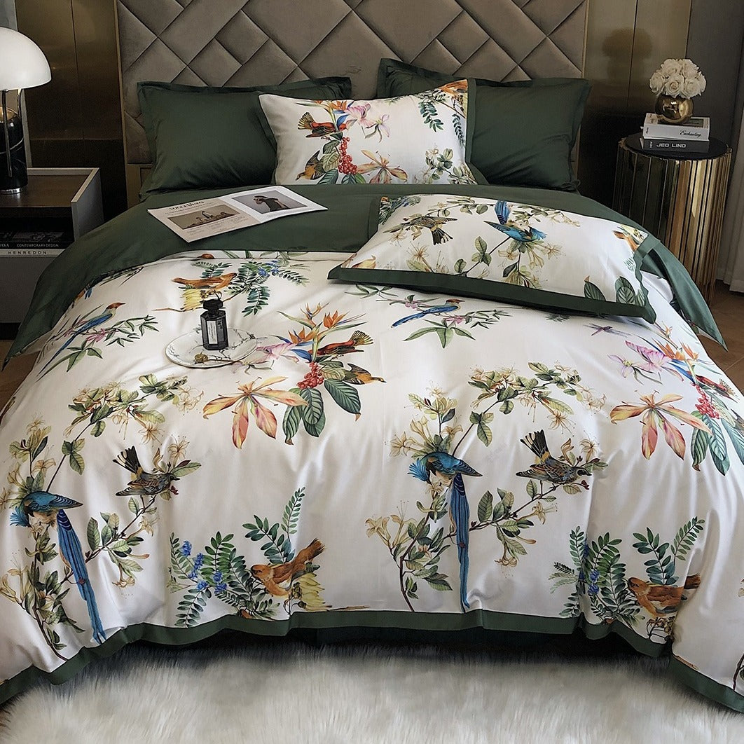 Luxurious cotton satin bedding set with exotic bird and botanical print