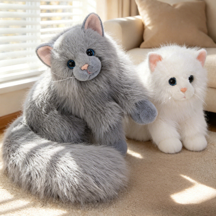 Realistic Long-Haired Plush Cat Decorative Cuddle Toy with Oversized Fluffy Tail Stornfield
