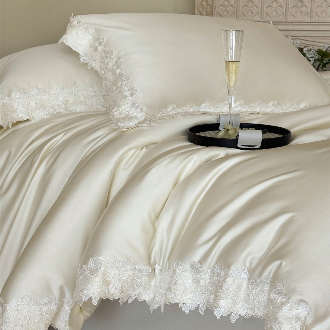 Silky Satin Duvet Cover Ensemble with Scalloped Floral Lace Border and Pillow Shams
