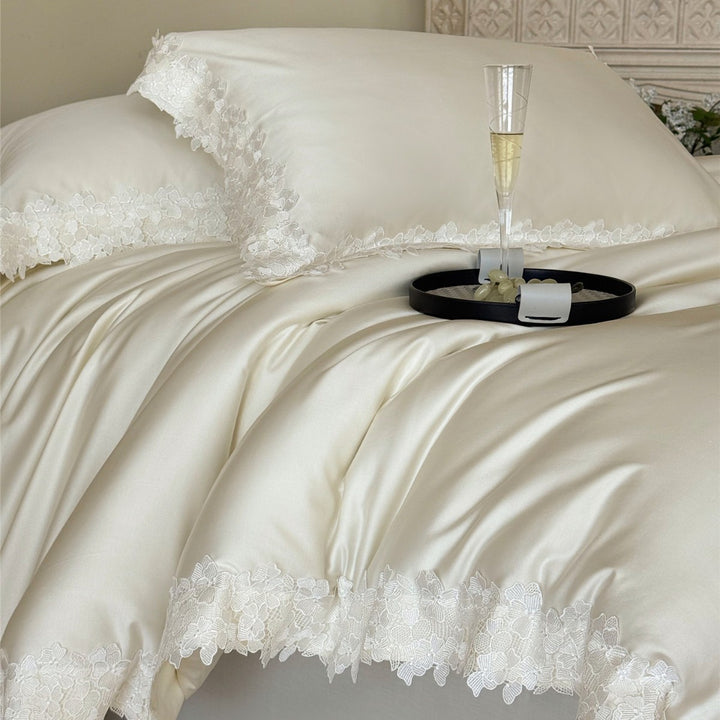 Silky Satin Duvet Cover Ensemble with Scalloped Floral Lace Border and Pillow Shams