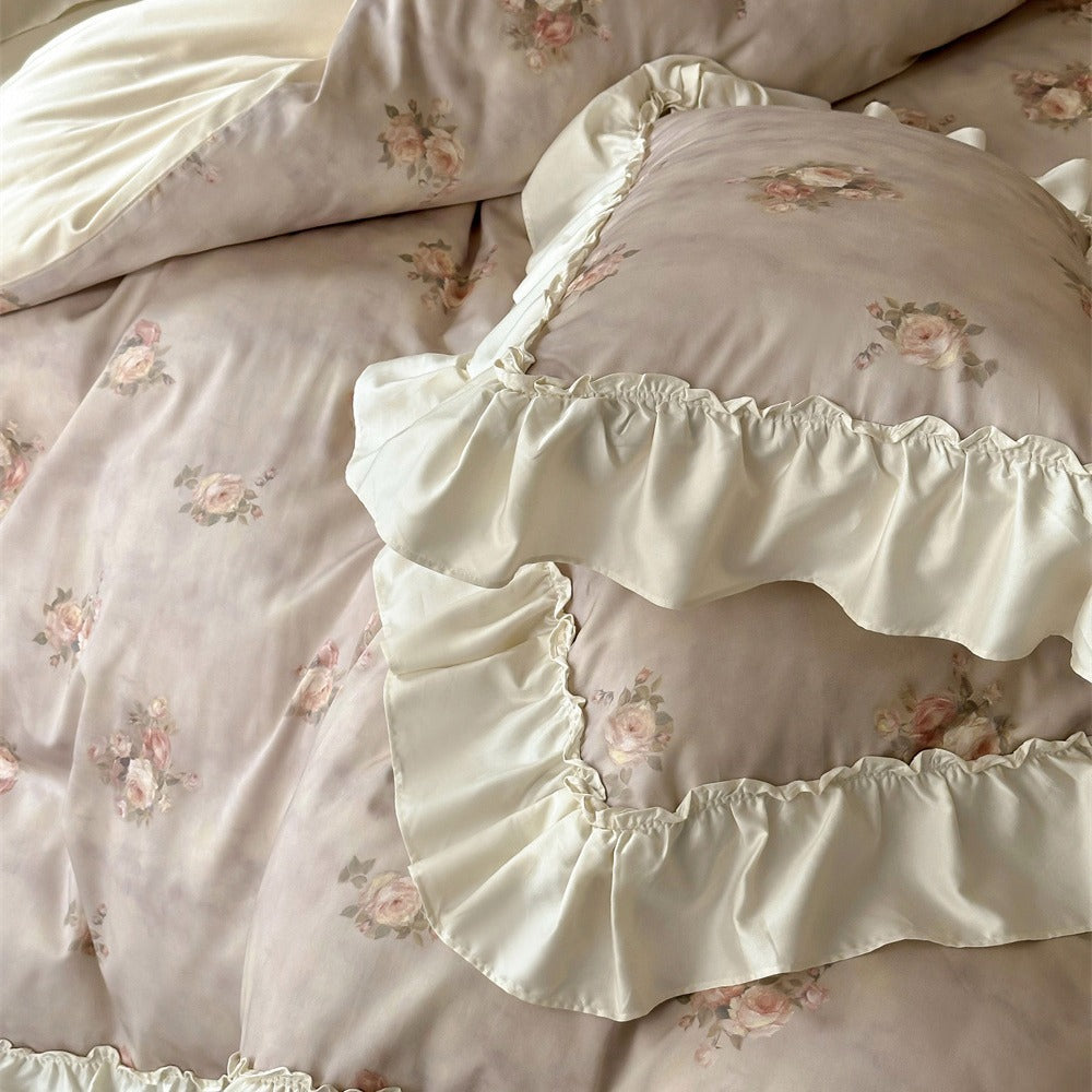 Vintage Ruffled Floral Duvet Cover Ensemble with Pillow Shams