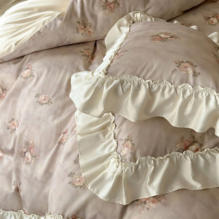 Vintage Ruffled Floral Duvet Cover Ensemble with Pillow Shams