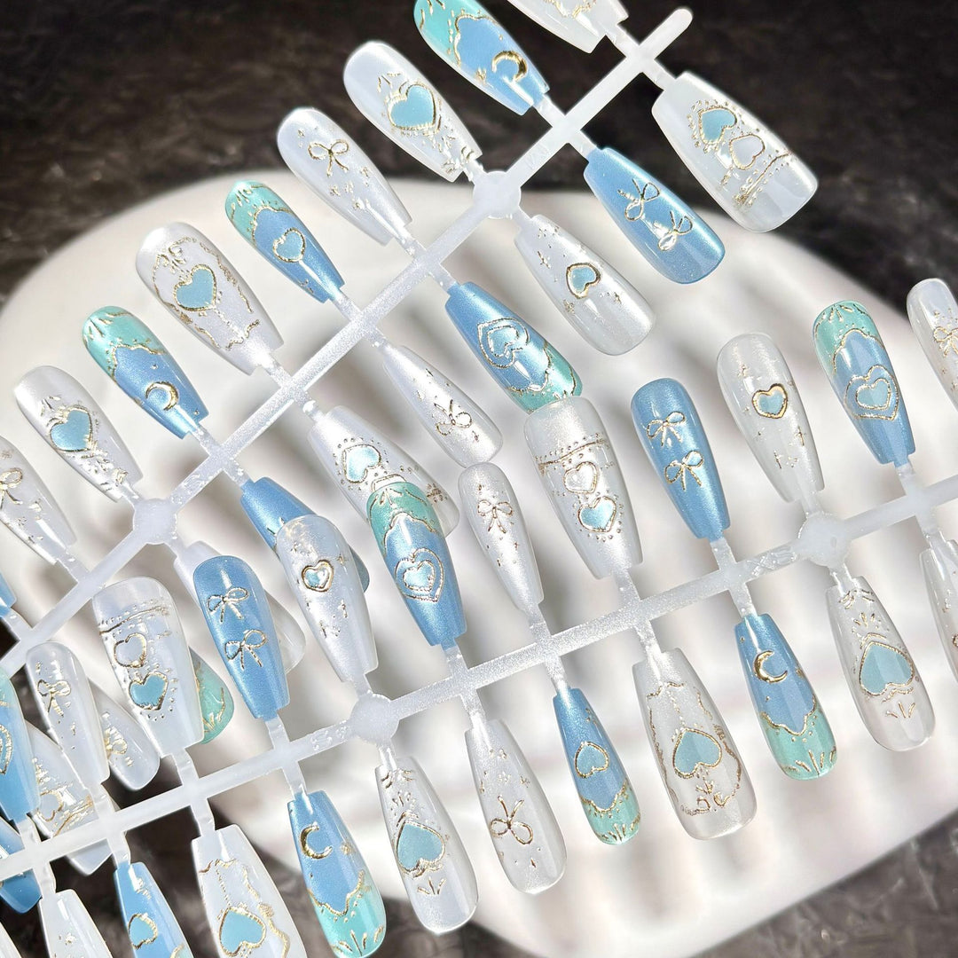 Decorative Press-On Nail Art Set with Elegant Heart and Bow Designs