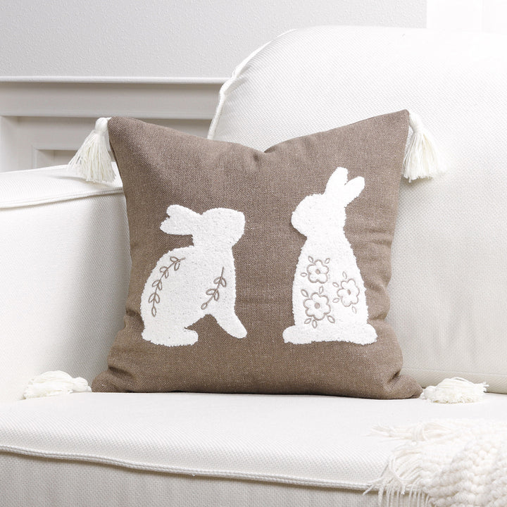 Embroidered Bunny Appliqué Tassel Lumbar Pillow Cover