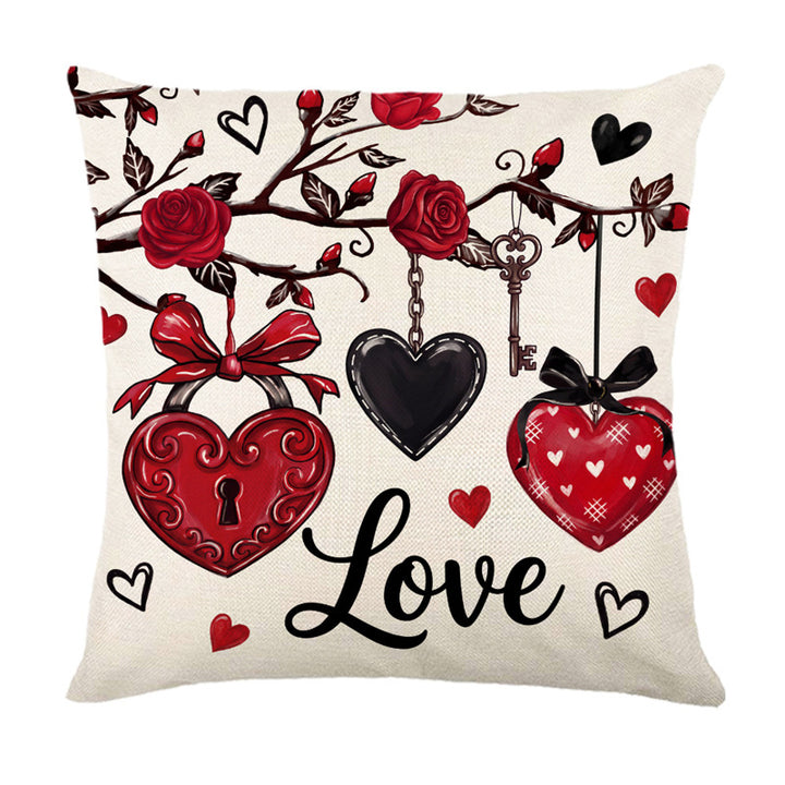 Decorative Cotton-Linen Valentine's Heart and Rose Print Square Throw Pillow Cover with Hidden Zipper
