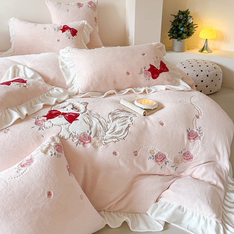 Ruffled Cotton Sateen Duvet Cover Set with Embroidered Kitten & Rose Motif