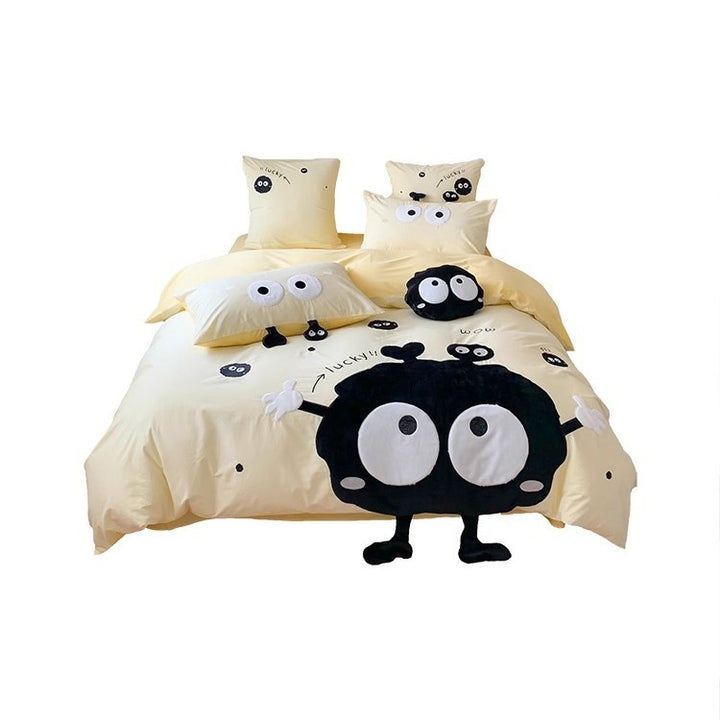 Cartoon Plush Applique Duvet Cover Set with Three-Dimensional Character and Matching Cushion