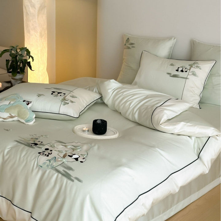 Embroidered Panda Motif Cotton-Sateen Duvet Cover and Sham Set