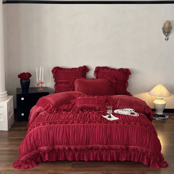 Luxurious Ruffles and Rose Appliqués Velvet Bedding Set