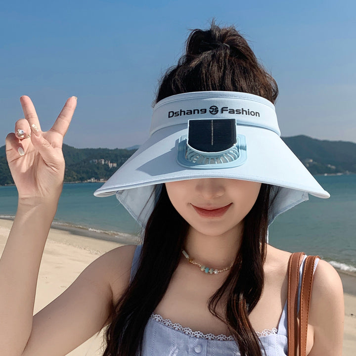 Visor with removable solar clip fan and UV protection neck strap Stornfield
