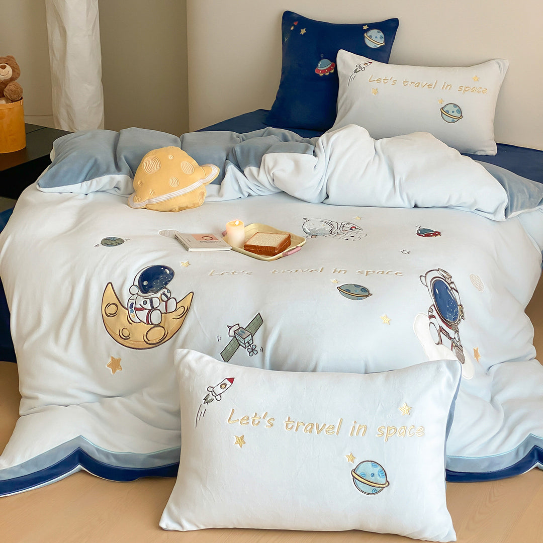 Children's Astronaut Embroidered Cotton Duvet Cover Set with Scalloped Velvet-Trim Pillow Shams