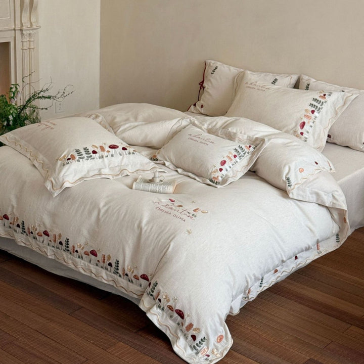 Embroidered Botanical Cotton Duvet Cover Set with Scalloped Ruffle & Pillow Shams