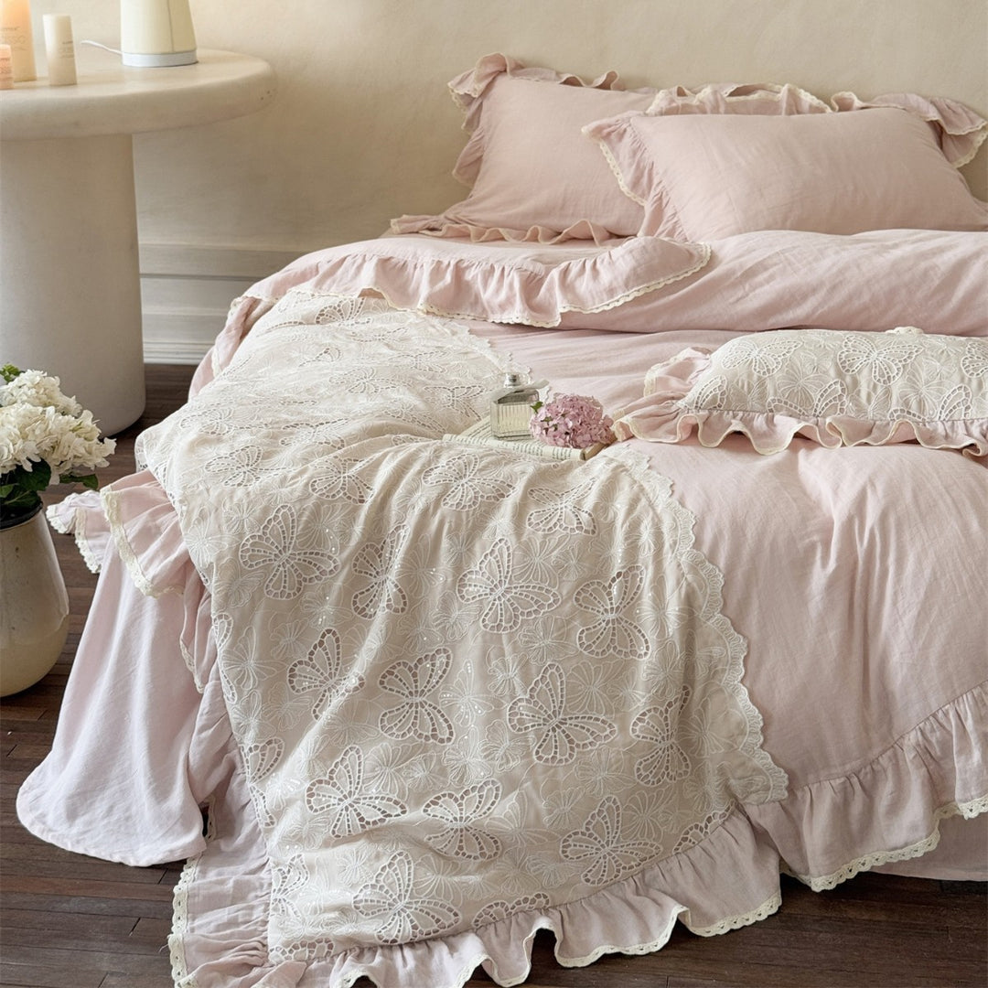 Vintage-Inspired Cutwork Butterfly Embroidered Ruffled Linen-Blend Duvet Cover Set